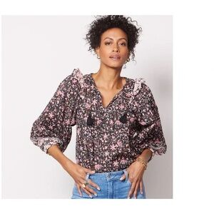 Cleobella Brynlee Blouse Fan Print Women's Small Ruffle Peasant Organic Cotton
